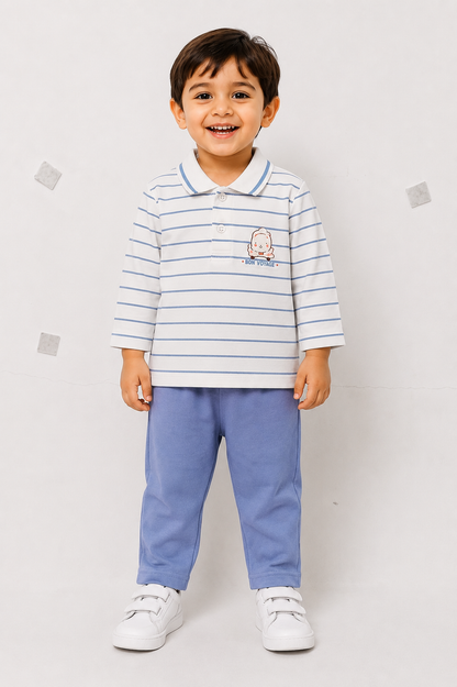 Feel It Baby Boys Cotton Polo T-Shirt & Pant Set – White & Sky Blue (18-24 Months)