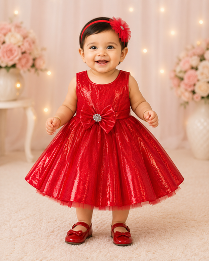 Red Metallic Princess Party Dress for Girls | Sleeveless Flared Occasion Wear