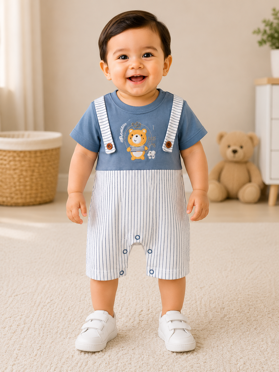 Baby Boys Cotton Bear Print Romper – Blue & White | 9-12 Months