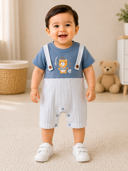 Baby Boys Cotton Bear Print Romper – Blue & White | 9-12 Months