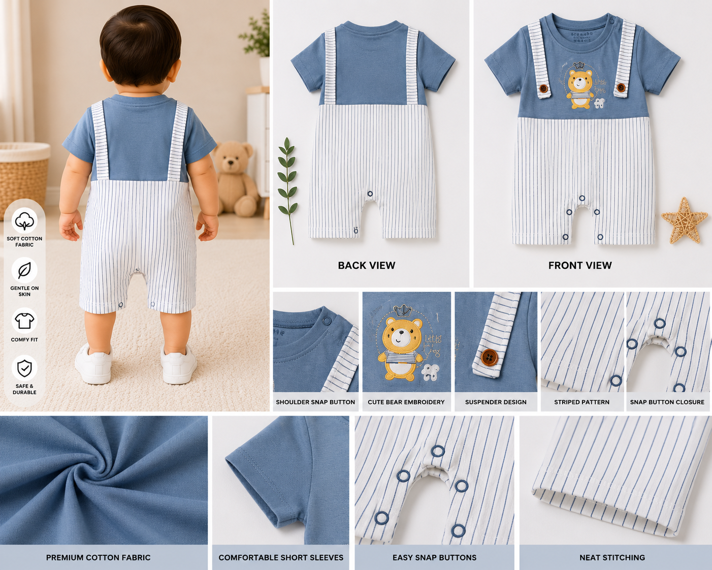 Baby Boys Cotton Bear Print Romper – Blue & White | 9-12 Months