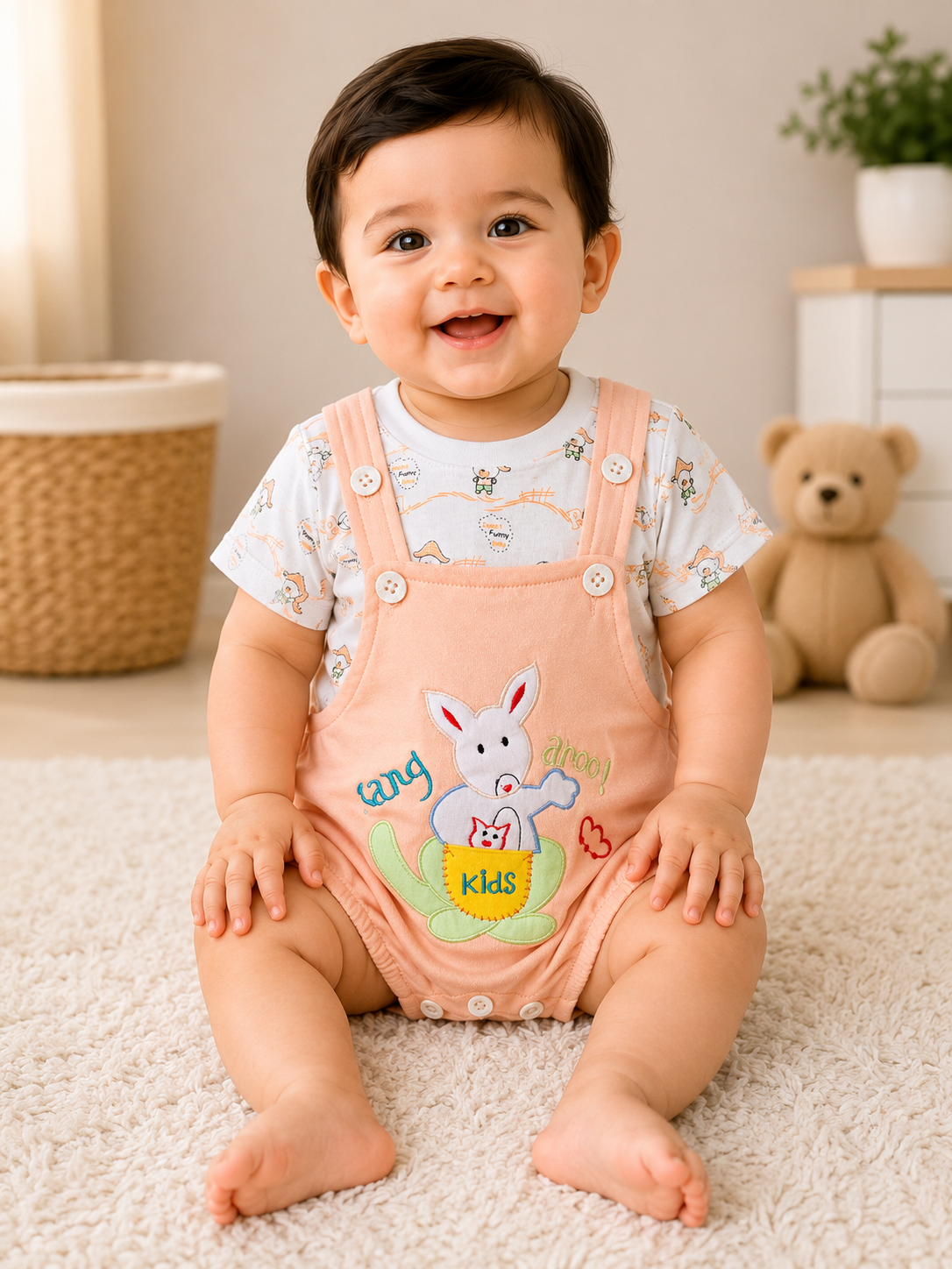 Baby Boys Cotton Dungaree Romper Set – Peach & White | 9-12 Months
