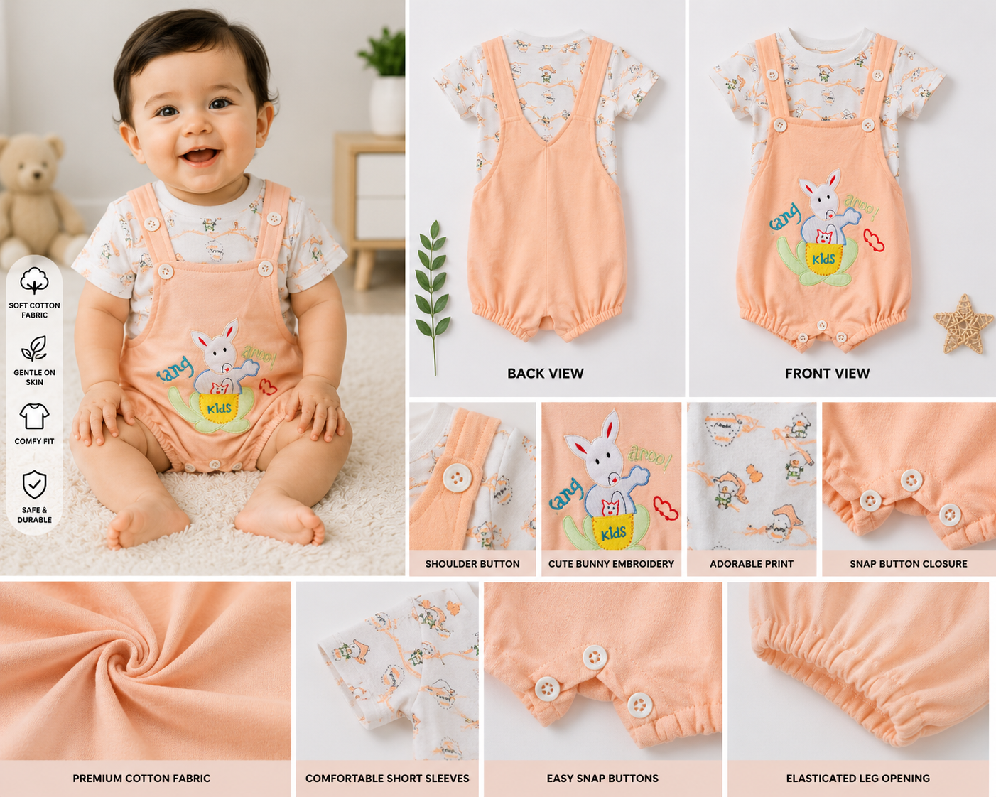 Baby Boys Cotton Dungaree Romper Set – Peach & White | 9-12 Months