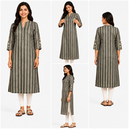 Women's Olive Green & Beige Striped Feeding Kurti | Rayon Maternity & Nursing Dress with Concealed Feeding Zips | XXL