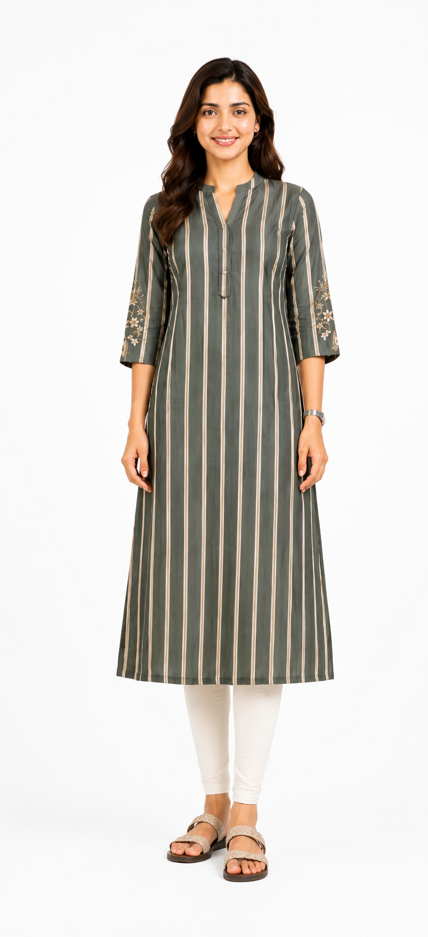 Women's Olive Green & Beige Striped Feeding Kurti | Rayon Maternity & Nursing Dress with Concealed Feeding Zips | XXL