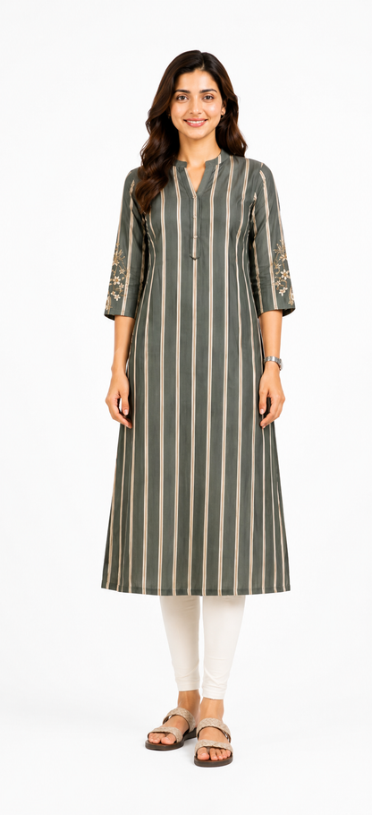 Women's Olive Green & Beige Striped Feeding Kurti | Rayon Maternity & Nursing Dress with Concealed Feeding Zips | XXL