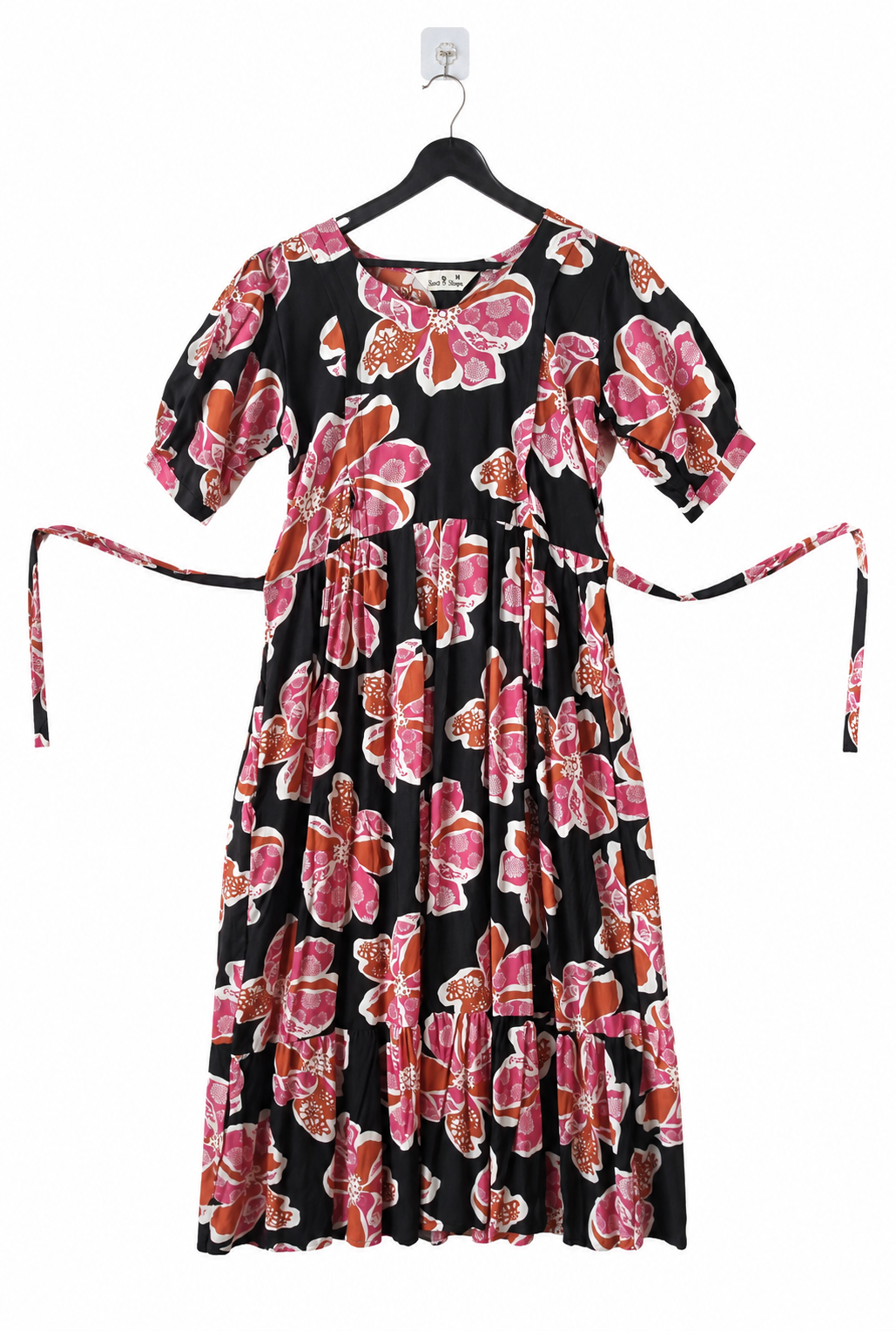 Women's Black Floral Maternity & Feeding Dress | Nursing Dress with Side Waist Tie-Ups | M