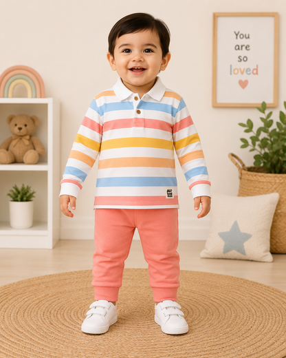 Little Mee Multicolor Striped Polo T-Shirt & Jogger Set