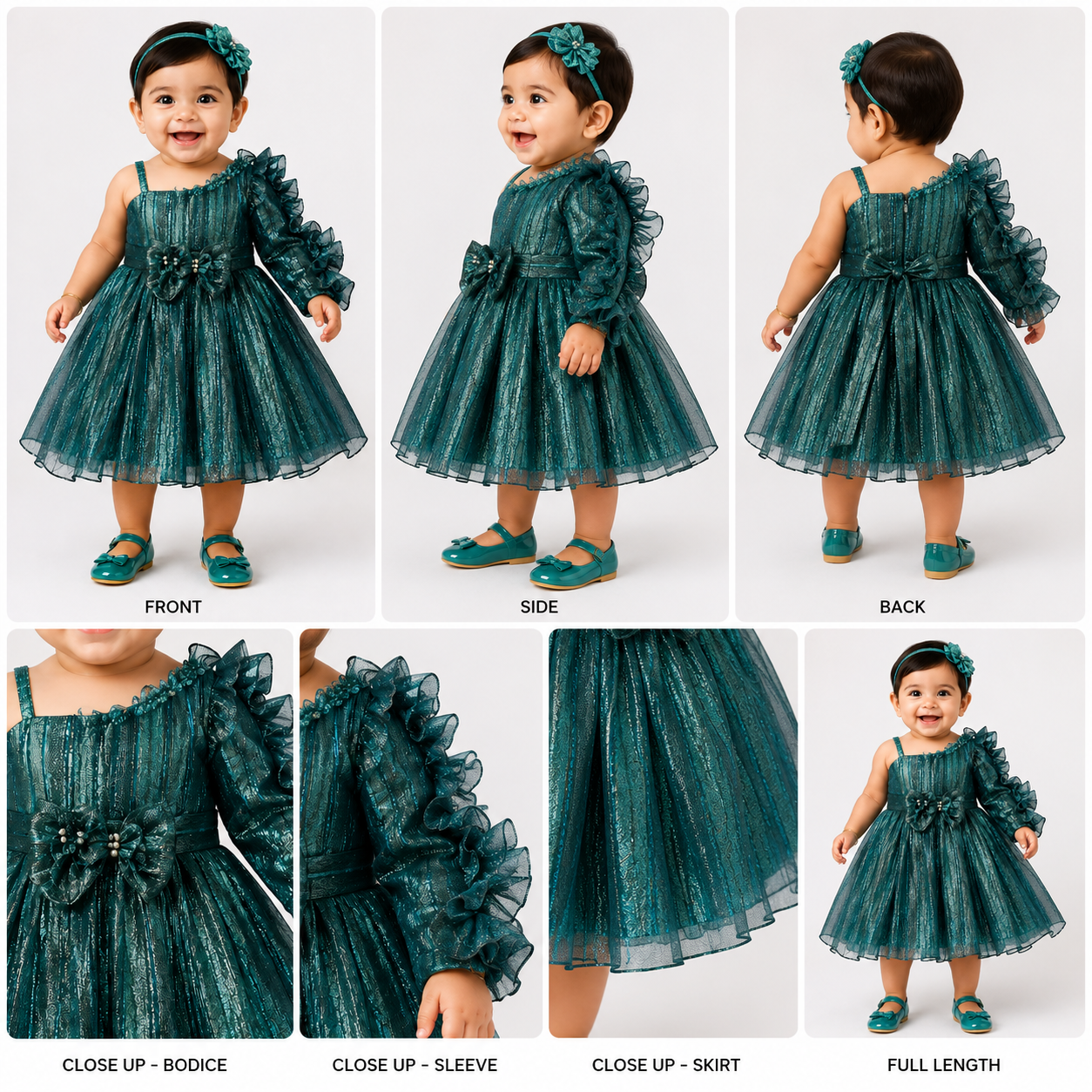 Girls Teal Shimmer One-Shoulder Party Dress with Ruffle Sleeve