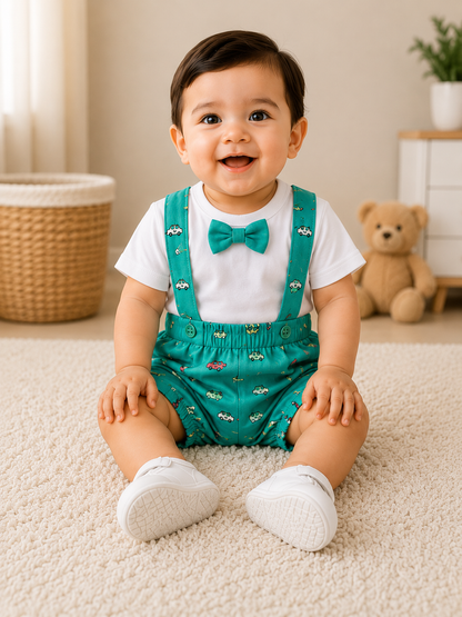 Baby Boys Cotton Dungaree Shorts Set – Green Car Print