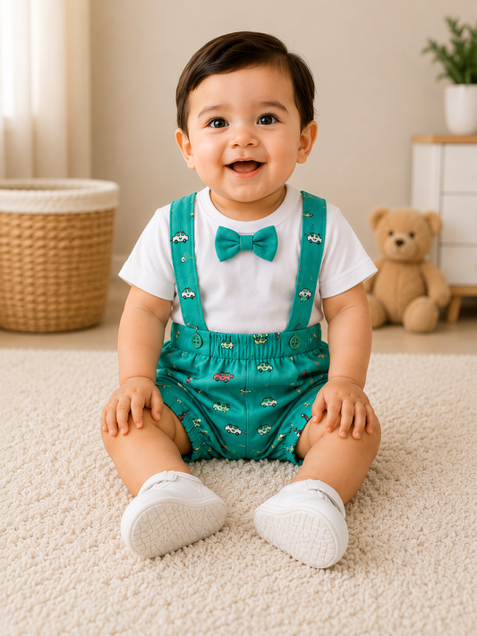 Baby Boys Cotton Dungaree Shorts Set – Green Car Print