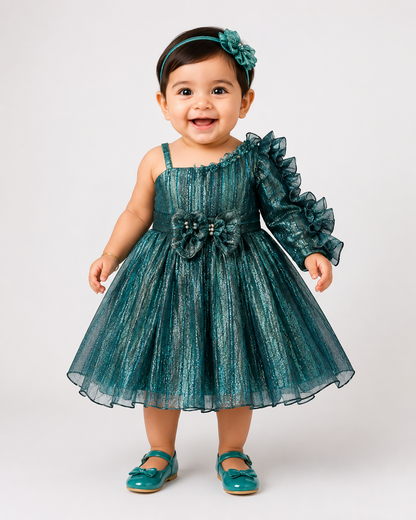 Girls Teal Shimmer One-Shoulder Party Dress with Ruffle Sleeve