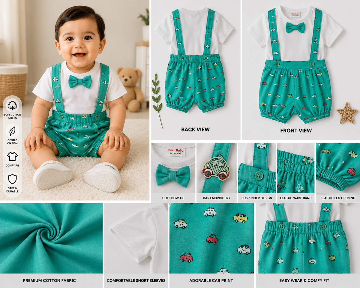 Baby Boys Cotton Dungaree Shorts Set – Green Car Print
