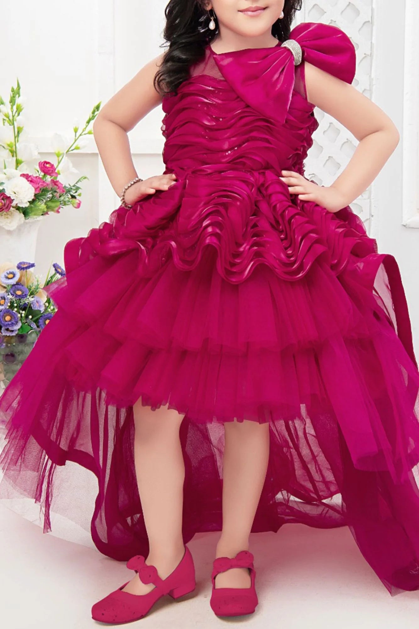 Girls Party Wear High-Low Princess Gown Dress – Wine Pink (2-3 Years)