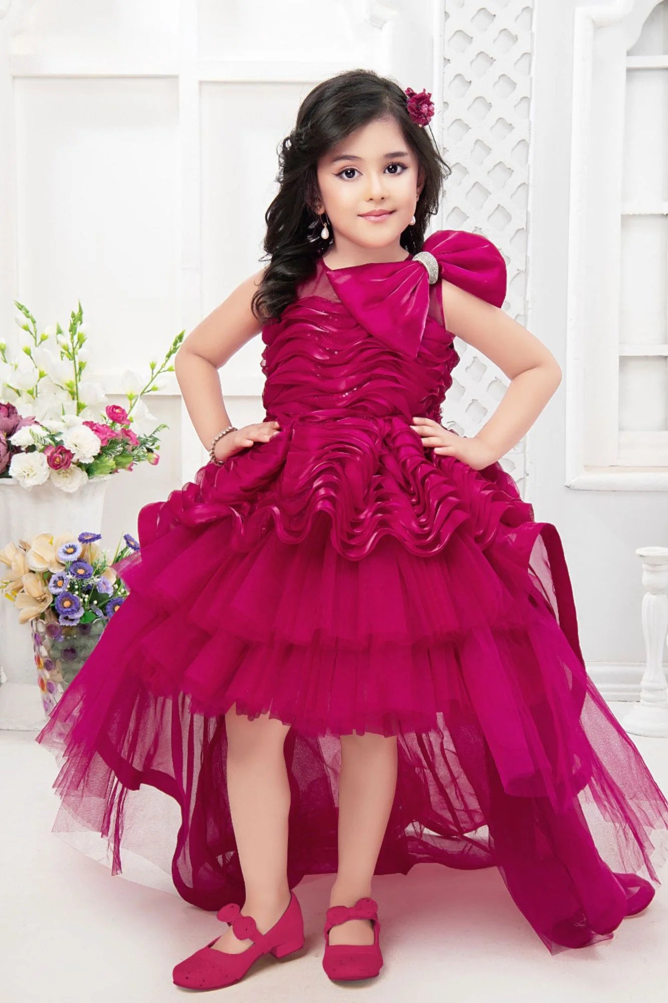 Girls Party Wear High-Low Princess Gown Dress – Wine Pink (2-3 Years)