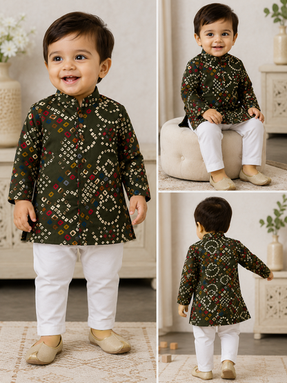 Boys Olive Green Printed Kurta Pajama Set | Traditional Ethnic Festive Wear | 1–2 Years