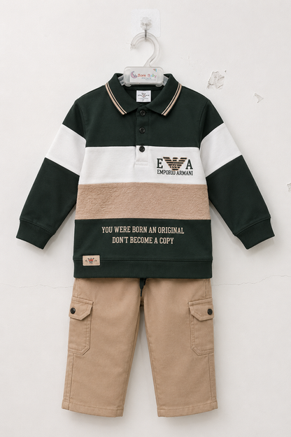 Boys Premium Dark Green Polo T-Shirt & Cargo Pants Set