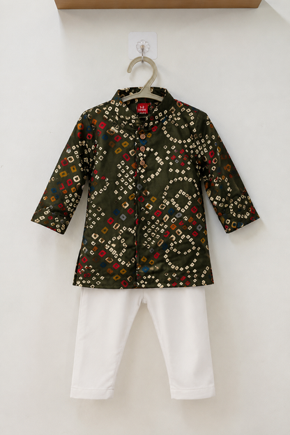 Boys Olive Green Printed Kurta Pajama Set | Traditional Ethnic Festive Wear | 9-12 Months