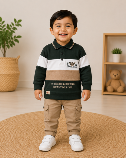 Boys Premium Dark Green Polo T-Shirt & Cargo Pants Set