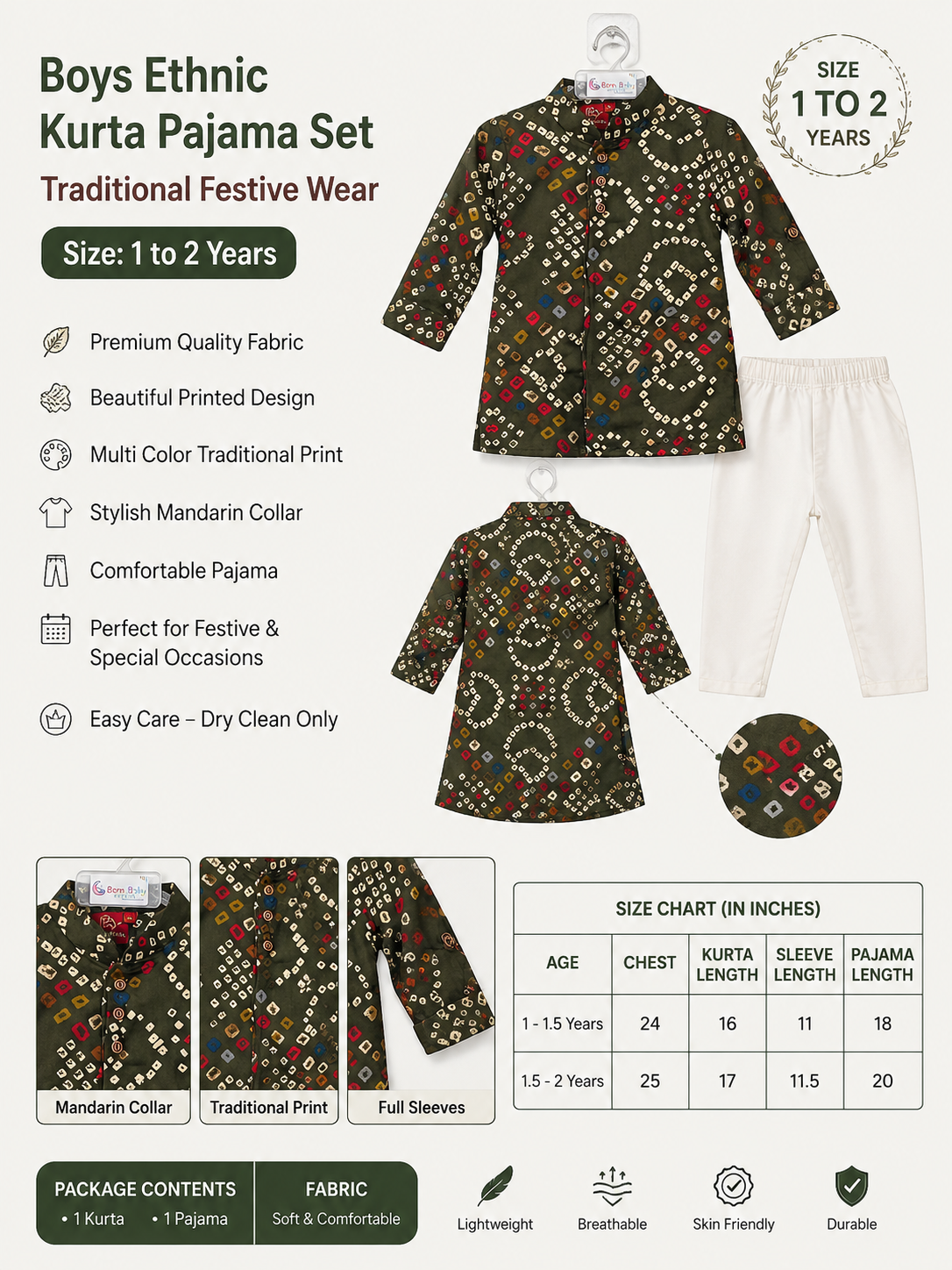 Boys Olive Green Printed Kurta Pajama Set | Traditional Ethnic Festive Wear | 1–2 Years