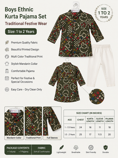 Boys Olive Green Printed Kurta Pajama Set | Traditional Ethnic Festive Wear | 1–2 Years