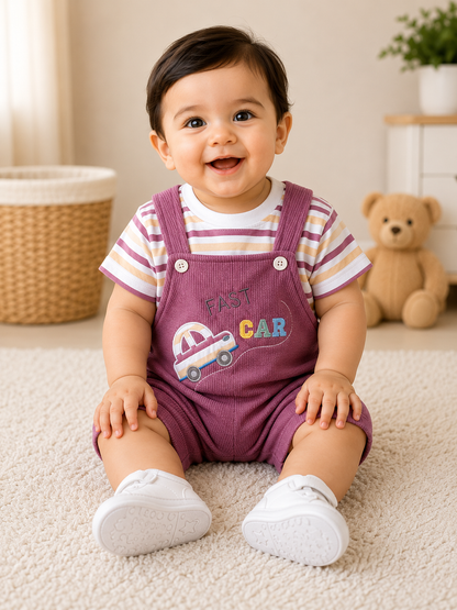 Baby Boys Cotton Dungaree Set – Purple Fast Car Design