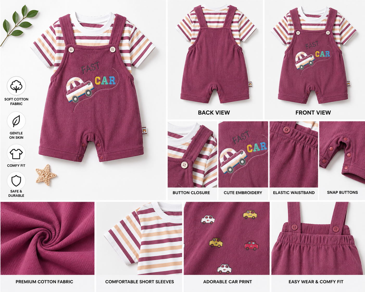 Baby Boys Cotton Dungaree Set – Purple Fast Car Design
