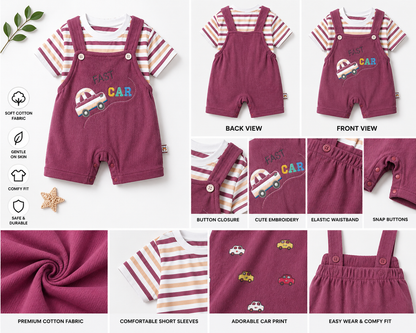 Baby Boys Cotton Dungaree Set – Purple Fast Car Design