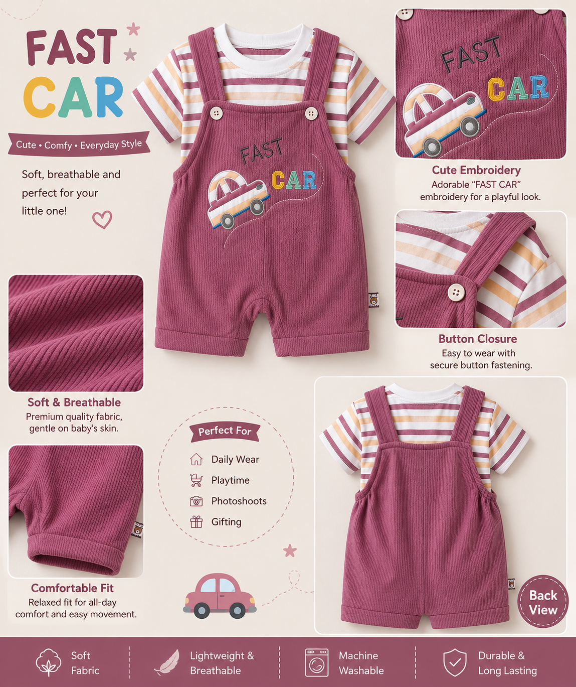 Baby Boys Cotton Dungaree Set – Purple Fast Car Design