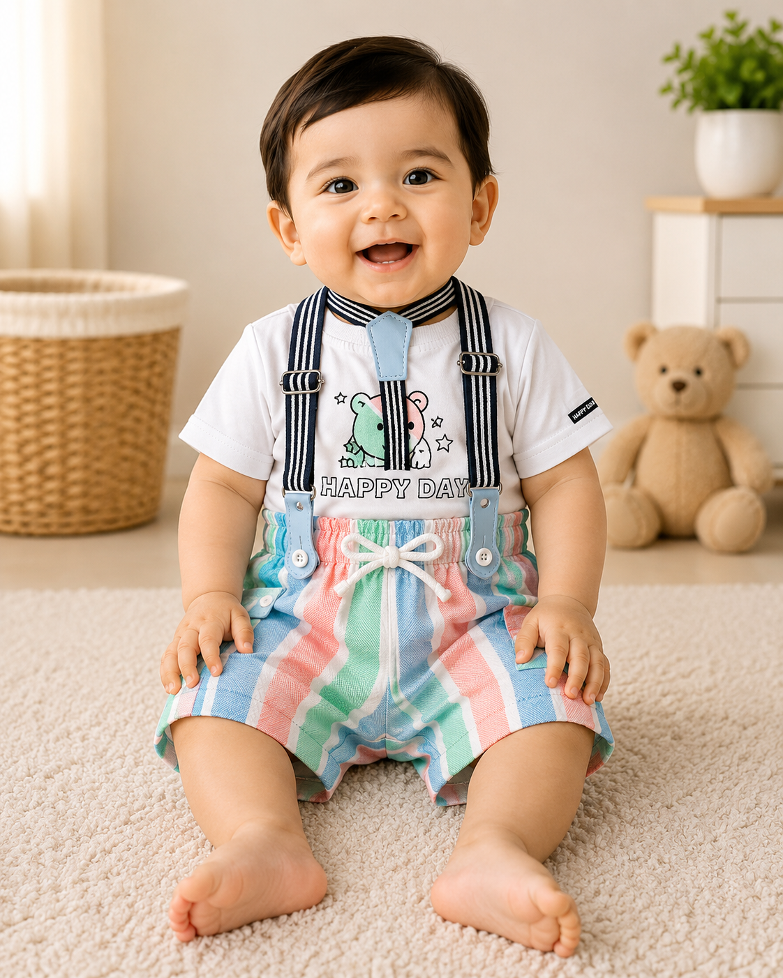 Baby Boys Bear Printed T-Shirt & Striped Suspender Shorts Set