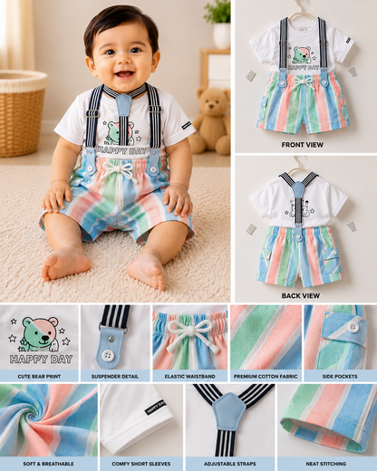 Baby Boys Bear Printed T-Shirt & Striped Suspender Shorts Set