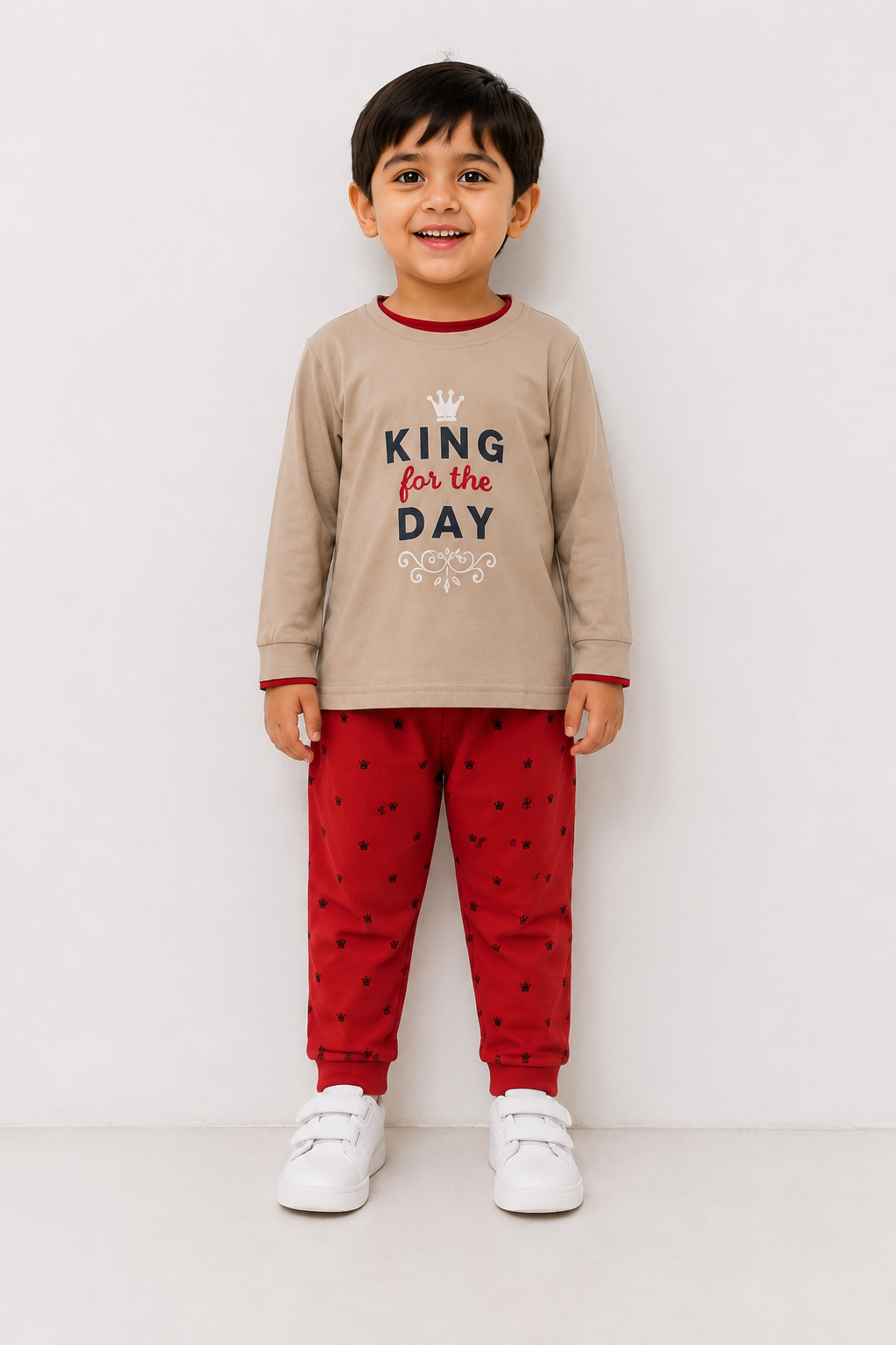 Boys King for the Day Full Sleeve Cotton T-Shirt & Printed Jogger Pant Nightwear Set | Beige & Red