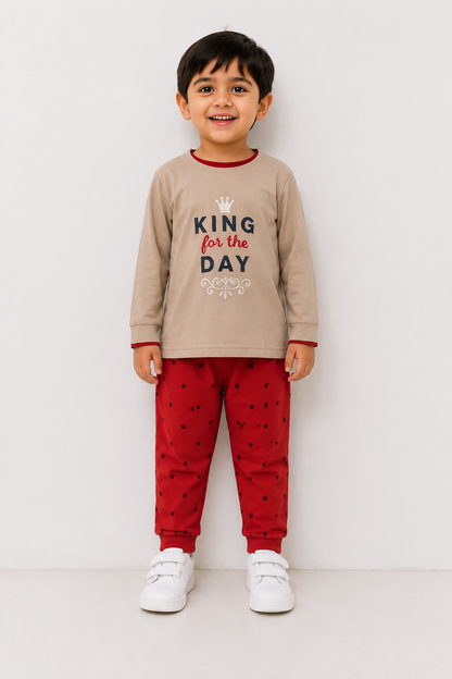 Boys King for the Day Full Sleeve Cotton T-Shirt & Printed Jogger Pant Nightwear Set | Beige & Red