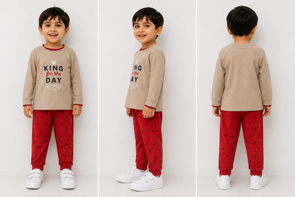 Boys King for the Day Full Sleeve Cotton T-Shirt & Printed Jogger Pant Nightwear Set | Beige & Red