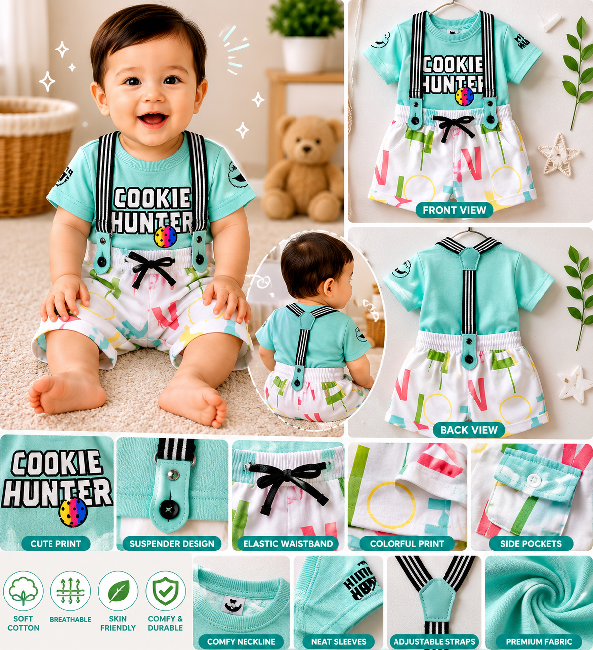 Baby Boys Cookie Hunger T-Shirt & Printed Shorts with Suspenders Set
