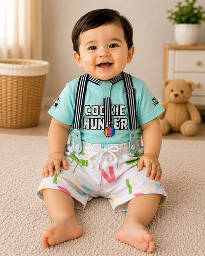 Baby Boys Cookie Hunger T-Shirt & Printed Shorts with Suspenders Set