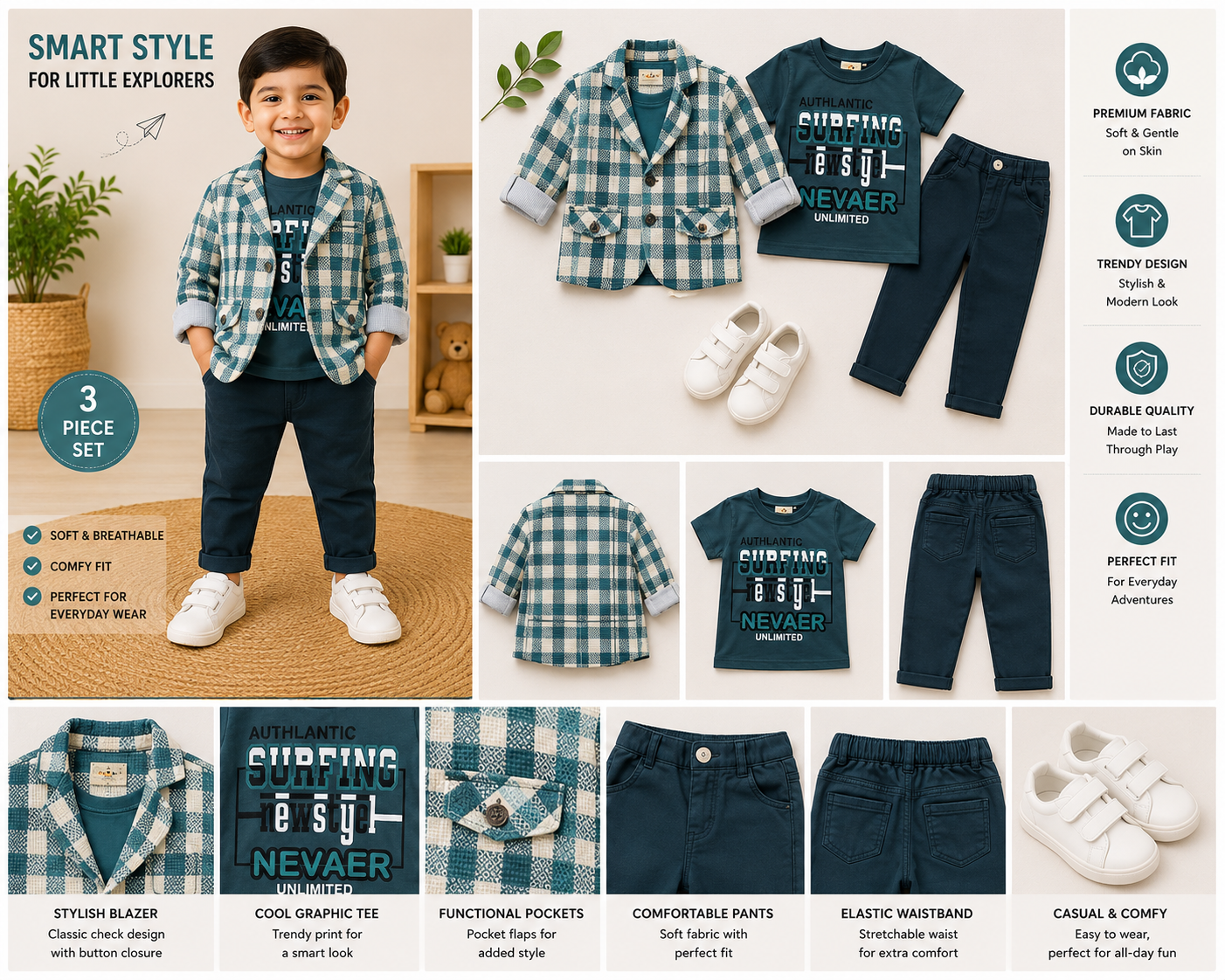 Boys Premium Checked Blazer Outfit Set