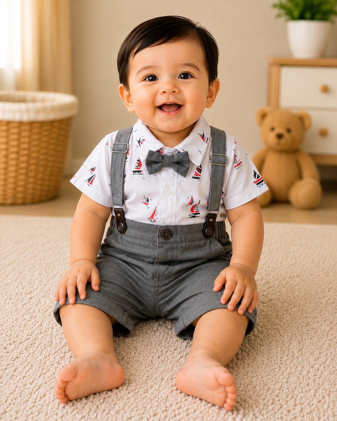 Baby Boys Sailboat Printed Shirt & Suspender Shorts Set | 18-24 Months
