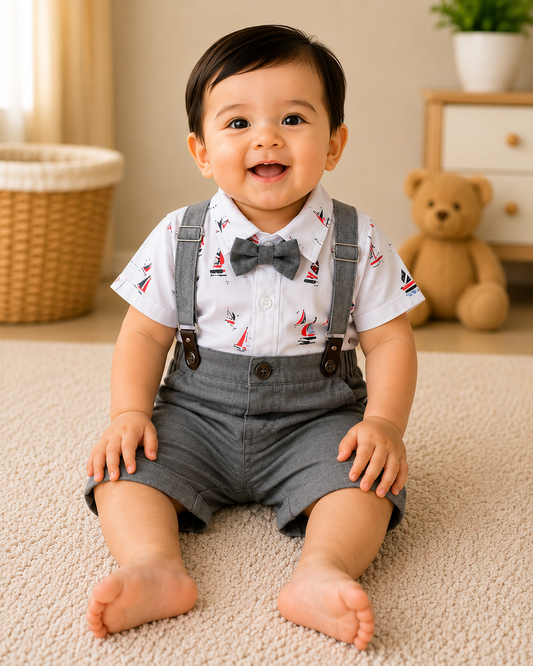Baby Boys Sailboat Printed Shirt & Suspender Shorts Set | 18-24 Months