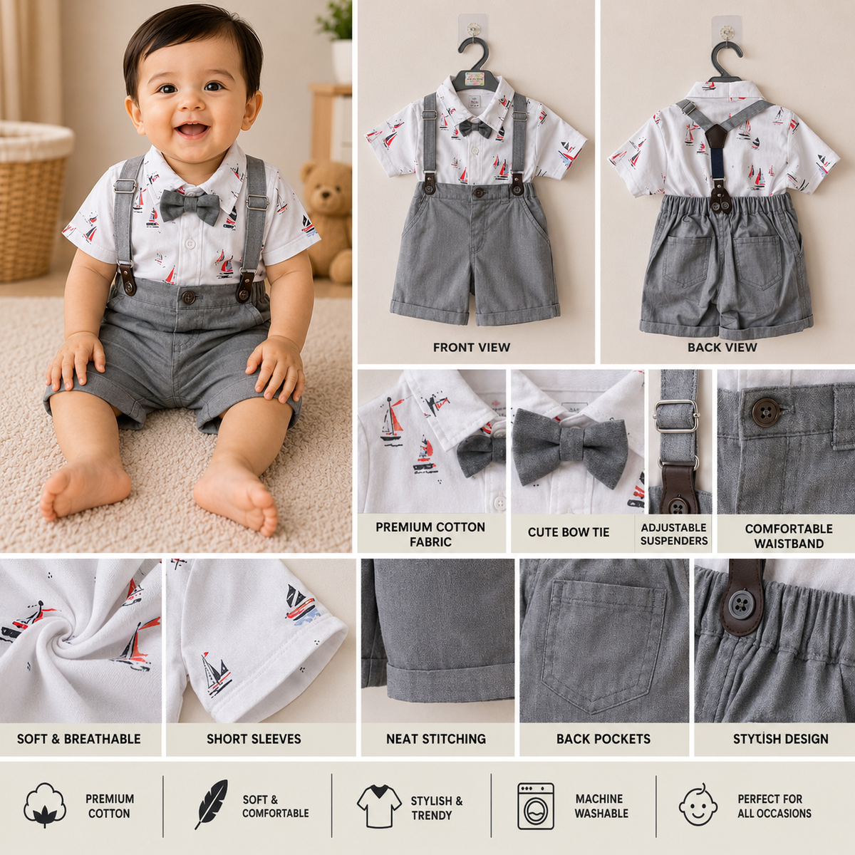 Baby Boys Sailboat Printed Shirt & Suspender Shorts Set | 18-24 Months