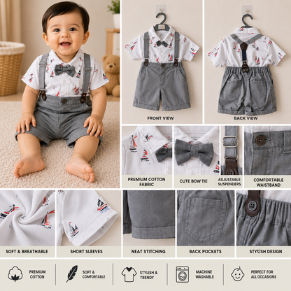 Baby Boys Sailboat Printed Shirt & Suspender Shorts Set | 18-24 Months