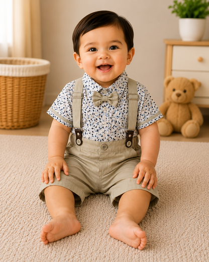 Baby Boys Floral Printed Shirt & Suspender Shorts Set | 24-36 Months