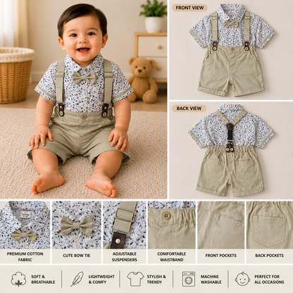 Baby Boys Floral Printed Shirt & Suspender Shorts Set | 24-36 Months