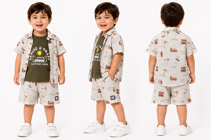 Boys Cruise & Coast Printed Shirt, T-Shirt & Shorts Set – Cream & Olive Green (2-3 Years)