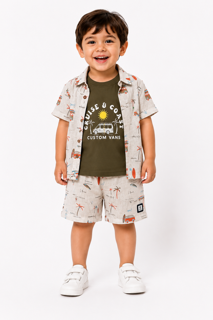 Boys Cruise & Coast Printed Shirt, T-Shirt & Shorts Set – Cream & Olive Green (2-3 Years)