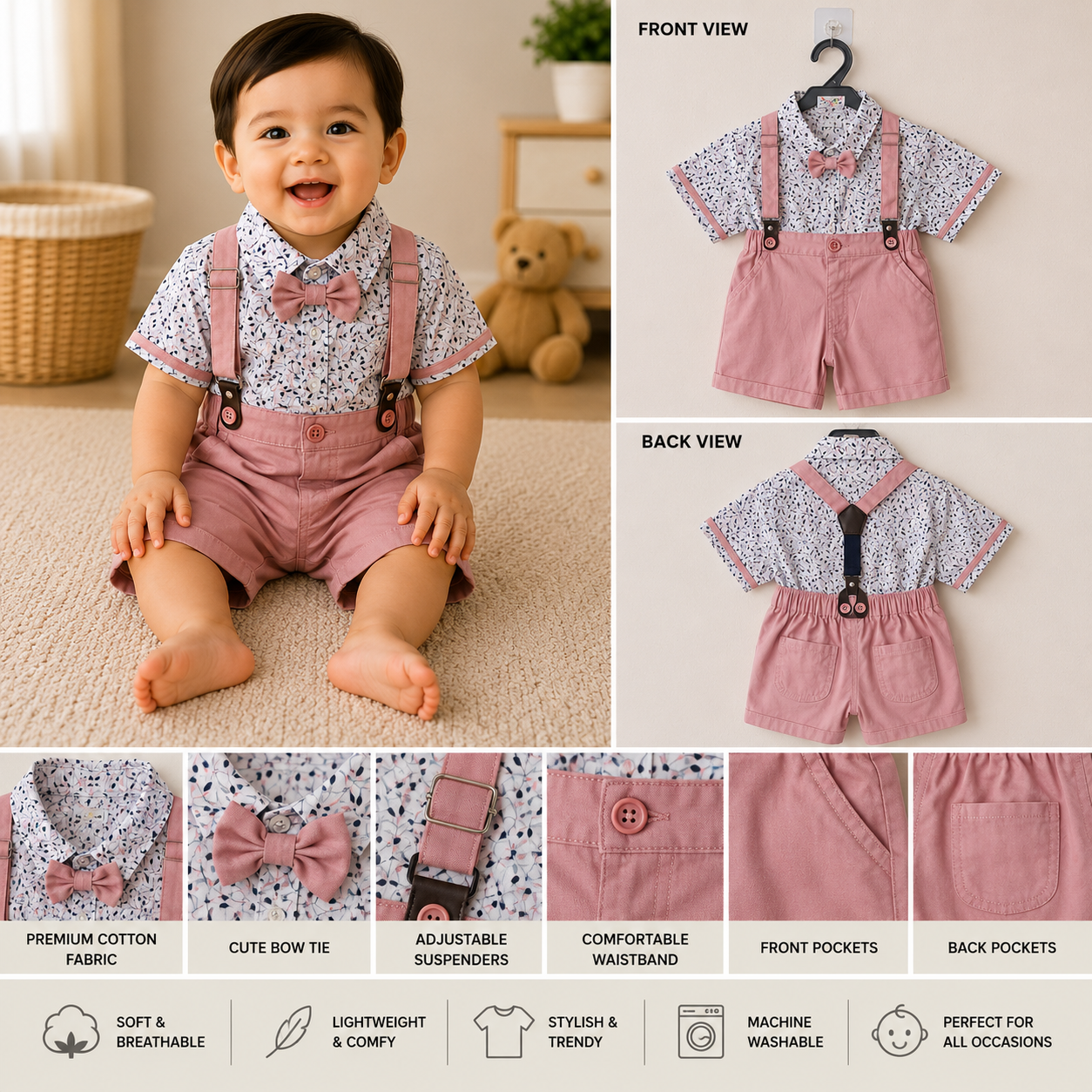 Baby Boys Floral Printed Shirt & Pink Suspender Shorts Set