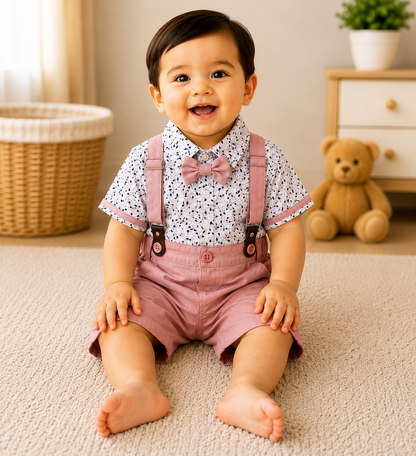 Baby Boys Floral Printed Shirt & Pink Suspender Shorts Set
