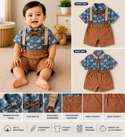 Baby Boys Horse Print Shirt & Camel Suspender Shorts Set