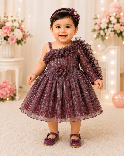 Shimmer One-Shoulder Ruffle Party Dress for Girls