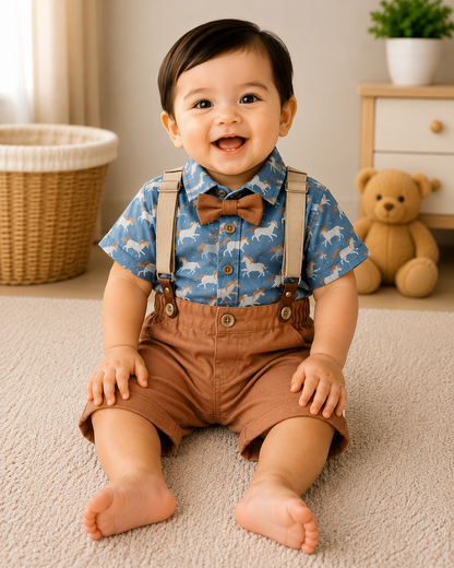 Baby Boys Horse Print Shirt & Camel Suspender Shorts Set